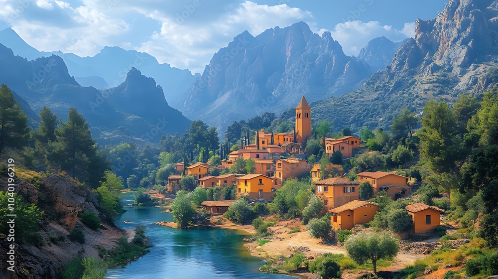 Picturesque village nestled in a valley surrounded by towering mountains, with a river flowing through the landscape. Picturesque village nestled in a valley surrounded by towering mountains, with a river flowing through the landscape.