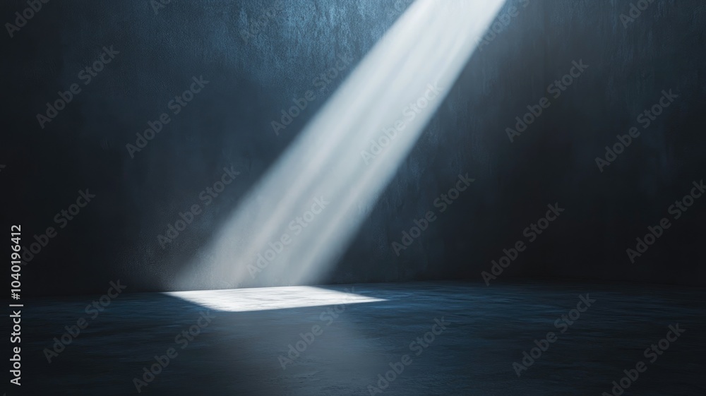 Ray of sunlight illuminates dark, empty room creating serene atmosphere Ray of sunlight illuminates dark, empty room creating serene atmosphere