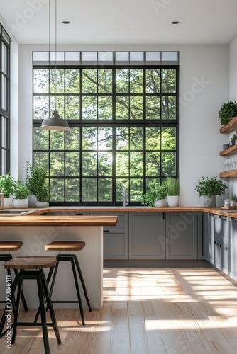 Bright and modern kitchen with natural light and greenery during the day