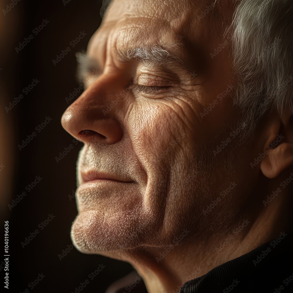 A close-up of a senior man meditating, eyes closed, in a guided meditation session for retirees A close-up of a senior man meditating, eyes closed, in a guided meditation session for retirees