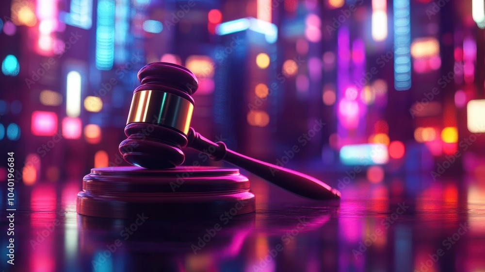 The close up picture of the hammer for law called gavel place on the wooden base in front of the neon city that stand for the regulation about data privacy, digital rights and cyber security. AIGX02. The close up picture of the hammer for law called gavel place on the wooden base in front of the neon city that stand for the regulation about data privacy, digital rights and cyber security. AIGX02.