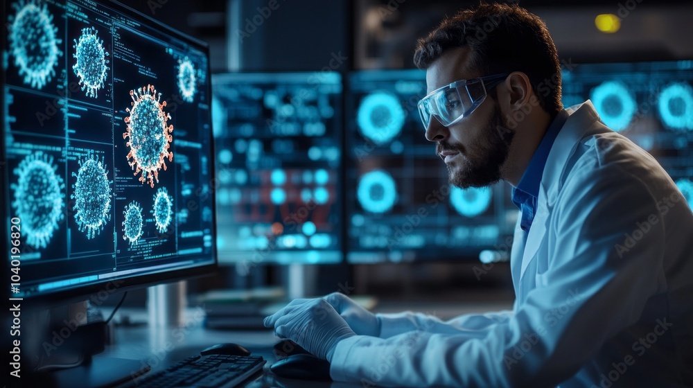 A man in a lab coat is working on a computer monitor with a virus on it. He is wearing safety goggles and he is focused on his work A man in a lab coat is working on a computer monitor with a virus on it. He is wearing safety goggles and he is focused on his work
