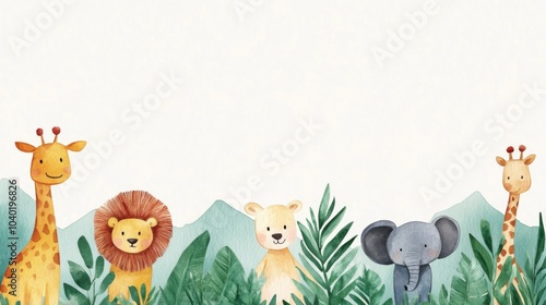 A vibrant safari wildlife mural showcasing tropical animals and lush greenery in a whimsical watercolor illustration for nursery decor
