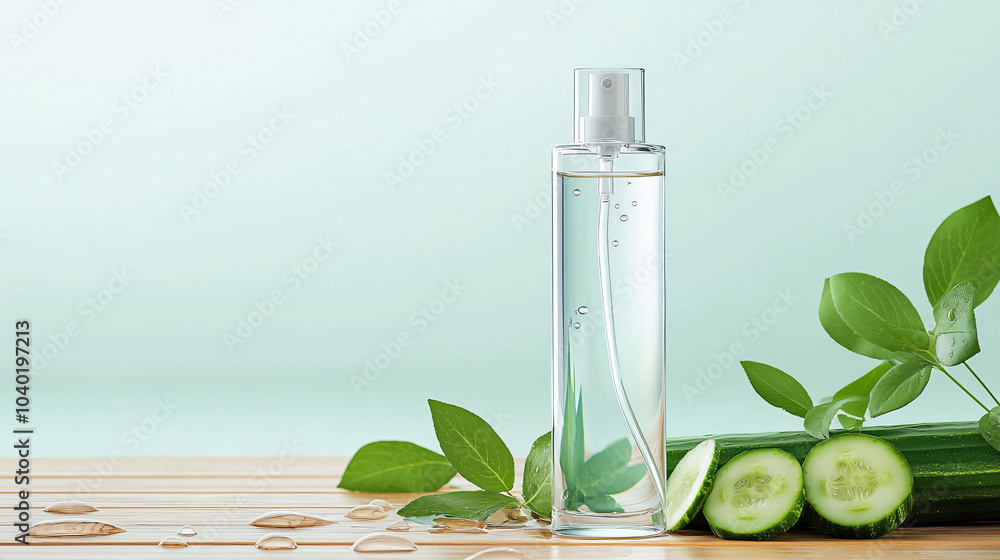 Fresh cucumber water spray with green leaves and droplets Fresh cucumber water spray with green leaves and droplets