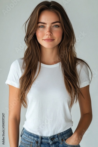 Portrait of a young woman with long hair wearing a plain white t shirt agains...