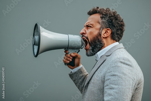 Man wearing a suit passionately speaks into a megaphone against a gray backgr...
