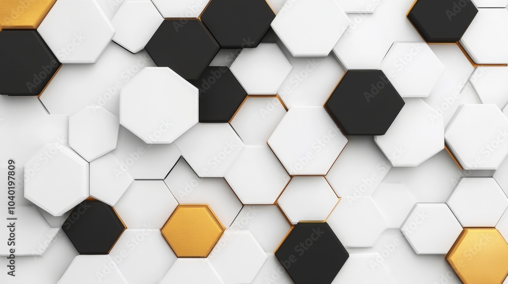 Elegant hexagonal tile design featuring white and black relief with golden accents in a sophisticated arrangement Elegant hexagonal tile design featuring white and black relief with golden accents in a sophisticated arrangement