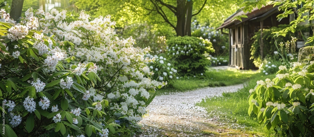 Japanese Deutzia gracilis in full bloom during spring in a countryside forest garden of a European village with a scenic copy space image Japanese Deutzia gracilis in full bloom during spring in a countryside forest garden of a European village with a scenic copy space image