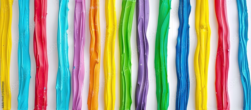 Close up isolated copy space image of multicolored children s plasticine stripes on a white background Close up isolated copy space image of multicolored children s plasticine stripes on a white background