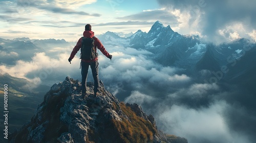 Triumphant Hiker Reaches Mountain Peak: A Majestic View From The Top