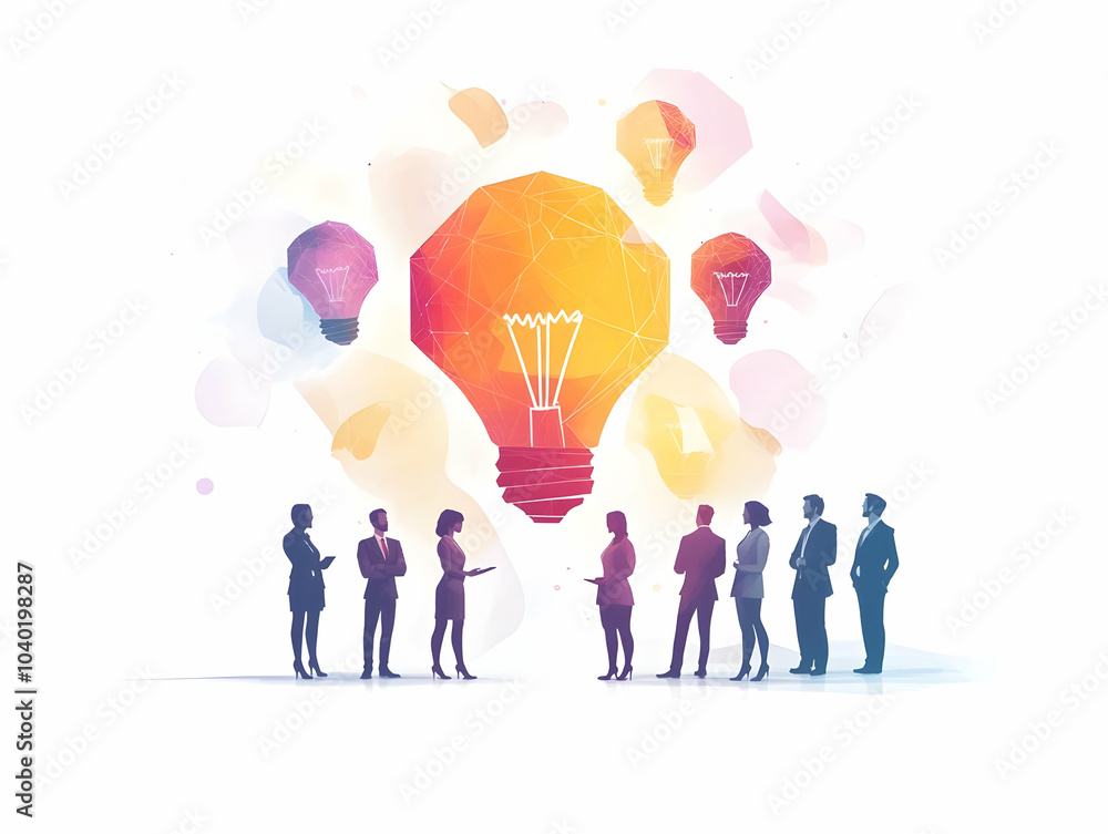 Flat Soft Abstract Brainstorming Session with Silhouettes of Businesspeople, Lightbulb Icons, Bokeh Effects, Focused on ESG Innovation, Captured in Vector Style on White Background