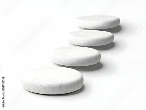 Flat White Stepping Stone Podium Concept - Wide Shot of White Stepping Stones Pathway Leading to Podium Top, Symbolizing Mental Health Journey for Janeiro Branco, Isolated White Background for Campaig photo