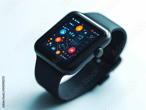 Flat Smartwatch Macro Shot White Background Holographic Decision Making Planning Icons Concept Sleek Device Business Strategy Responsibility Ample Copy Space Simple Vector Illustration photo