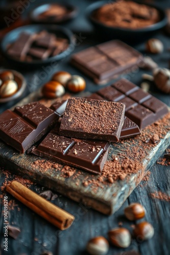 Delicious dark chocolate bars with cocoa powder and nuts on a rustic wooden b...