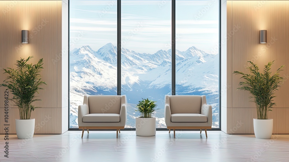 Fototapeta premium Modern waiting room overlooking snow capped mountains