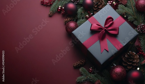 Festive black gift box with red ribbon among Christmas ornaments and greenery...