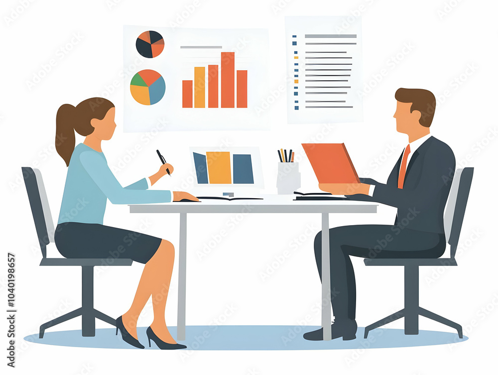 Flat Leader Reviewing Financial Reports with Team in Office - Candid Business Illustration Focused on Responsibility, Decision Making, and Collaborative Approach in Professional Setting Flat Leader Reviewing Financial Reports with Team in Office - Candid Business Illustration Focused on Responsibility, Decision Making, and Collaborative Approach in Professional Setting