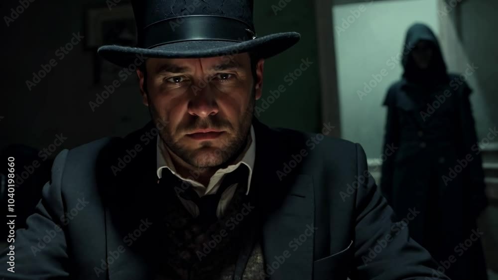 A man in a top hat writes with a quill on old parchment stained with blood, as a shadowy figure lurks in the background, creating a mysterious and gothic atmosphere A man in a top hat writes with a quill on old parchment stained with blood, as a shadowy figure lurks in the background, creating a mysterious and gothic atmosphere