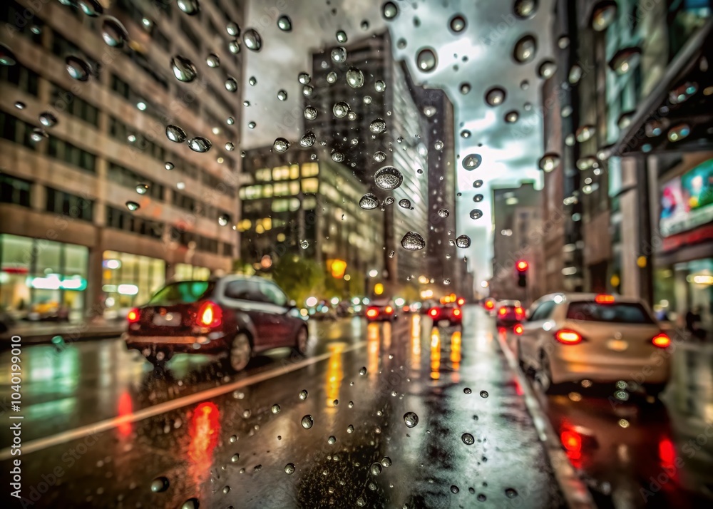 Obraz premium Rainy Day View from Car Window - Captivating Urban Architecture Reflections
