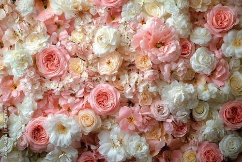 A beautiful arrangement of soft pink roses and white flowers in a delicate fl...