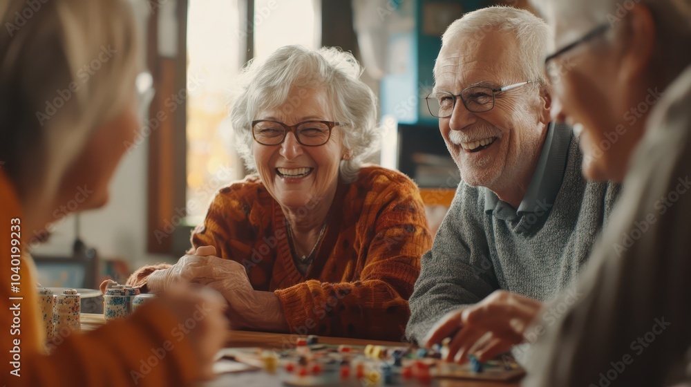 A wide shot of retirees in a social gaming group, playing board games and sharing laughs A wide shot of retirees in a social gaming group, playing board games and sharing laughs