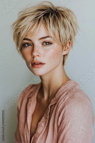 Young woman with short blonde hair poses in soft pink shirt against light bac...