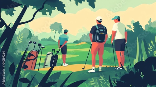 Three golfers prepare on a lush green course surrounded by nature.