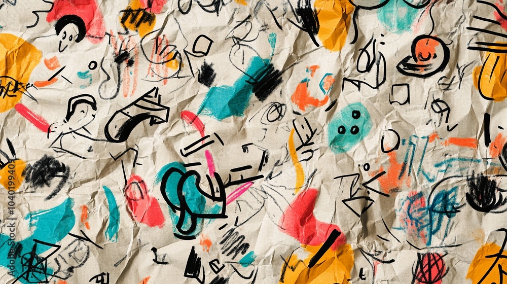 Obraz premium Vibrant hand-drawn doodle collage on crumpled paper