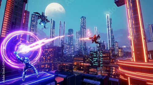 Futuristic cityscape with neon lights and glowing characters in the air, fighting.