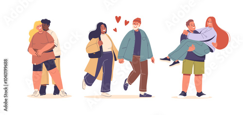 Joyful And Heartwarming Inclusive Illustration Shows Three Chubby Loving Couples Expressing Affection And Happiness