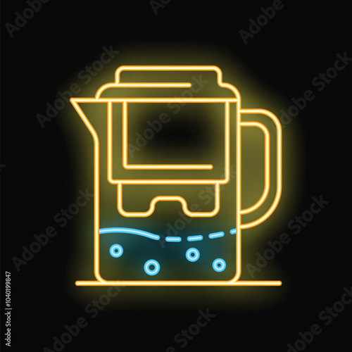 Glowing neon line french press coffee maker icon isolated on black background