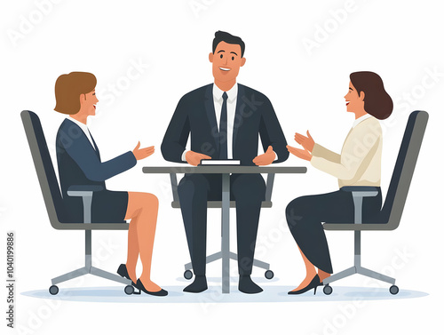 Flat Vector Illustration of Business Leader Moderating Team Negotiation Session in Corporate Setting, Emphasizing Responsibility, Fairness, and Collaborative Atmosphere with Open Body Language