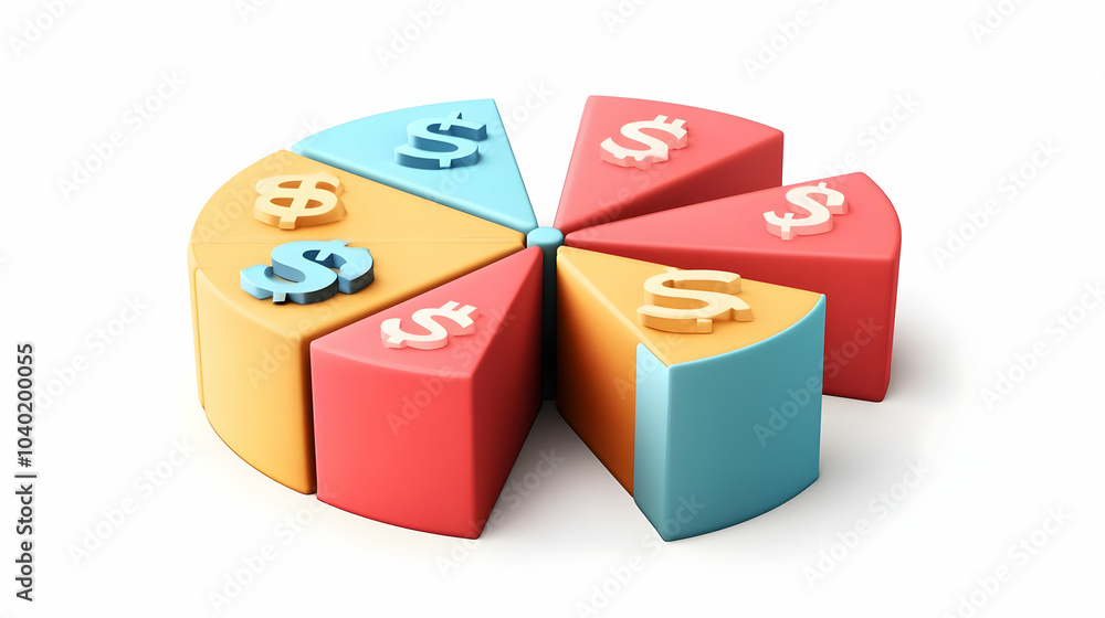 3D Vector Pie Chart Dollar Signs Discount Segments Illustration for Financial Distribution Business Infographics Advertising Strategies on White Background 3D Vector Pie Chart Dollar Signs Discount Segments Illustration for Financial Distribution Business Infographics Advertising Strategies on White Background
