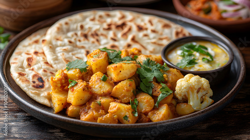 A plate of Aloo Gobi, featuring stir-fried potatoes and cauliflower cooked with spices, garnished with coriander leaves and served with a side of paratha