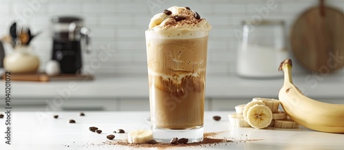 Cold latte coffee blending with banana in a non dairy vegan drink topped with espresso displayed on a white kitchen table with empty copy space image photo