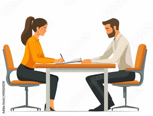 Flat Leader Signing Business Agreement with Colleague Candid Shot - Vector Illustration of Commitment, Responsibility, Leadership in Closing Deal - Softly Blurred Background Highlights Moment