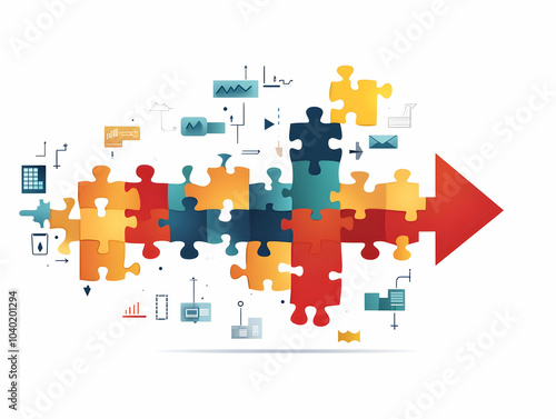 Flat Puzzle Pieces Arrow Floating Business Problem Solving Concept Vector Illustration Interlocking Growth Symbol Clean White Background Ideal Infographics Strategic Presentations Smart Business Tone