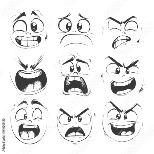 Nine Hand Drawn Cartoon Faces Expressing Different Emotions