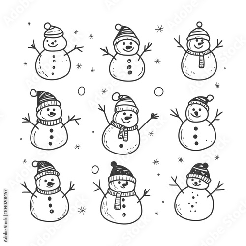 Nine Hand Drawn Snowmen with Hats and Scarves
