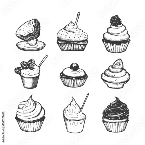 Nine Hand Drawn Black and White Cupcakes with Various Toppings