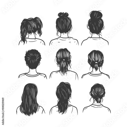Nine Women with Different Hairstyles from the Back