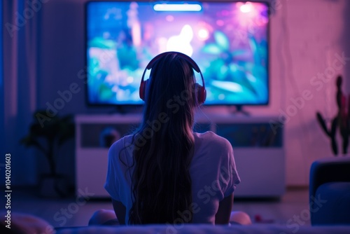 Teen girl enjoys an exhilarating gaming experience with friends on a big screen, immersed in neon-lit adventure