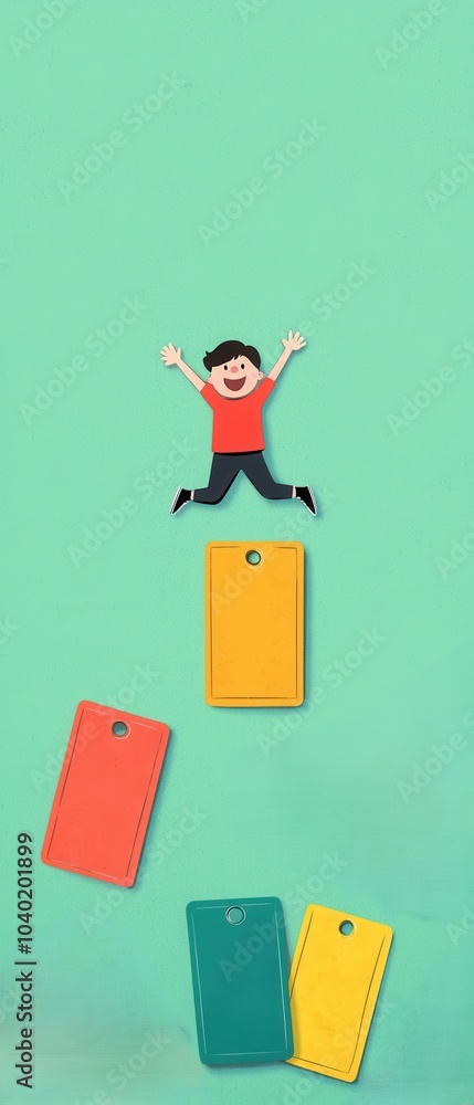 Fototapeta premium Happy child jumping on colorful blocks, playful isolated background.