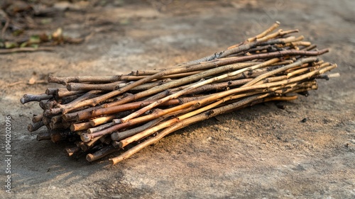 Bundle of dry sticks lying on ground outdoors photo