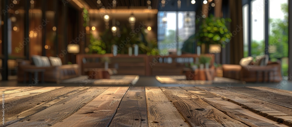 A wooden table set against a blurred stylish hotel lobby is perfect for showcasing products with a copy space image A wooden table set against a blurred stylish hotel lobby is perfect for showcasing products with a copy space image