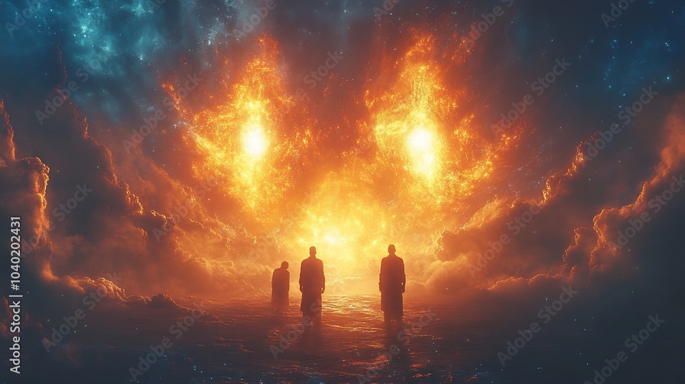 Fototapeta premium Watchers revealing cosmic secrets glowing symbols float between their hands they share divine knowledge with humans a scene of awe and spiritual energy permeates the air