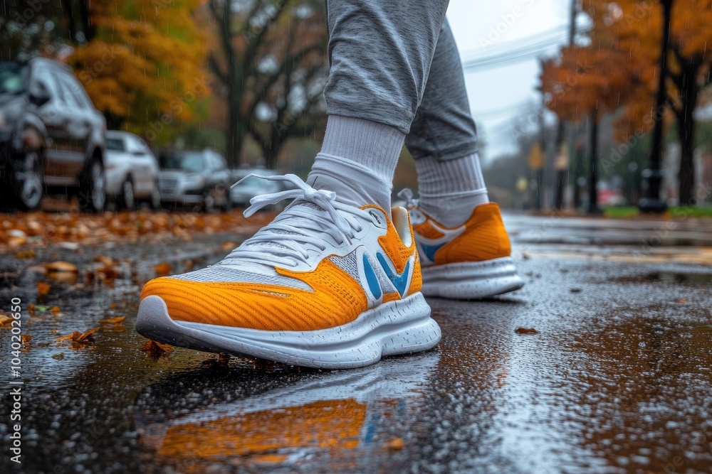 Yellow and Blue Sneakers in a Rainy City Setting Yellow and Blue Sneakers in a Rainy City Setting