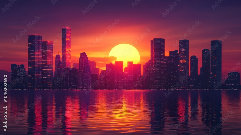 Golden sunset casting vibrant reflections over a tranquil city skyline along the water\'s edge Golden sunset casting vibrant reflections over a tranquil city skyline along the water\'s edge