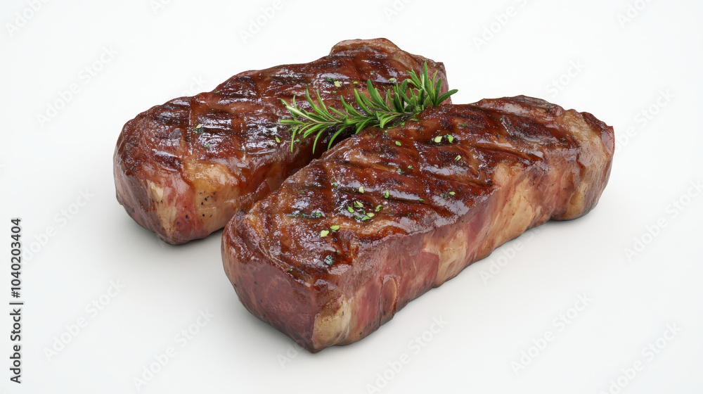 Juicy steak meat with grill marks and sprig of rosemary on white background, perfect for culinary presentations and food photography Juicy steak meat with grill marks and sprig of rosemary on white background, perfect for culinary presentations and food photography