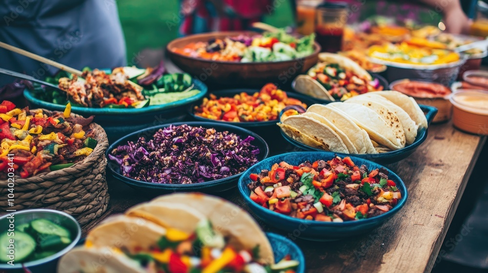 Fototapeta premium A variety of vibrant street festival foods like tacos and sliders, with ample space for copy